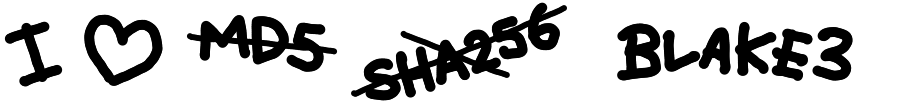 The pronoun "I", followed by a heart, followed by two crossed-out names of hash functions ("MD5" and "SHA256), followed by the hash function of choice: "BLAKE3".